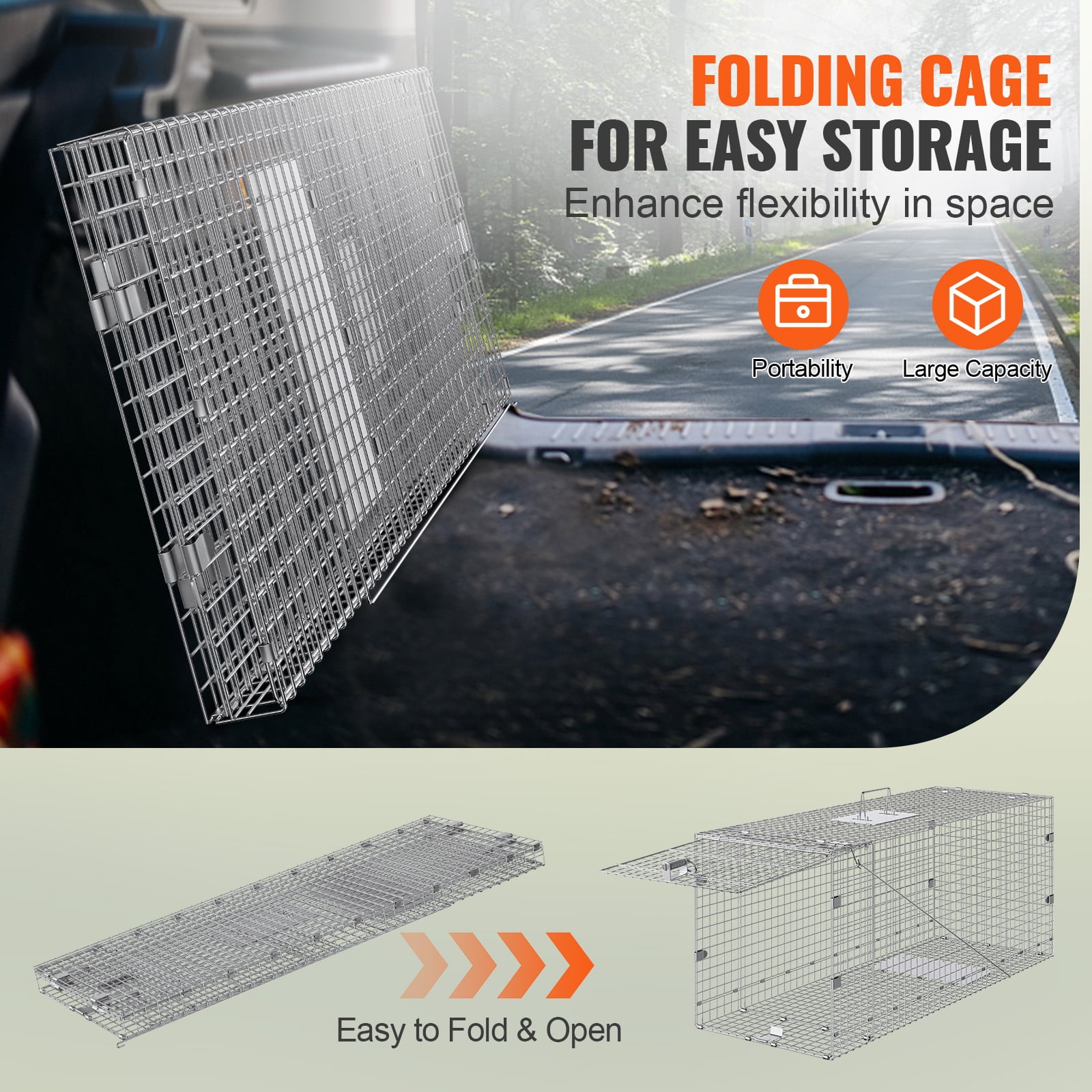 KFFKFF Humane Animal Trap 42" x 16" x 18", Foldable Cage with Carrying Handle for Capturing Stray Dogs, Cats, Raccoons & More