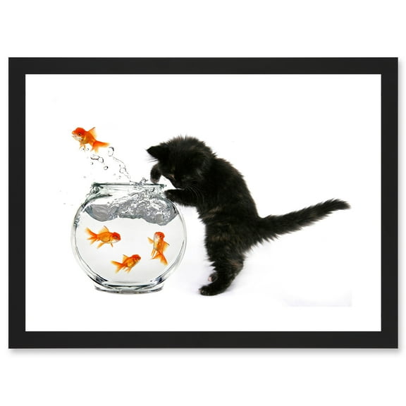 Black Kitten Cat Goldfish Bowl A4 Artwork Framed Wall Art Print