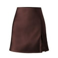 thumbnail image 5 of RUTAYY Women Satin Mini Skirt Lace Trim Slit Hem High Waist Bodycon Mini Short Skirt Solid Color Flowy Swing Pleated Beach Skirts, 5 of 6