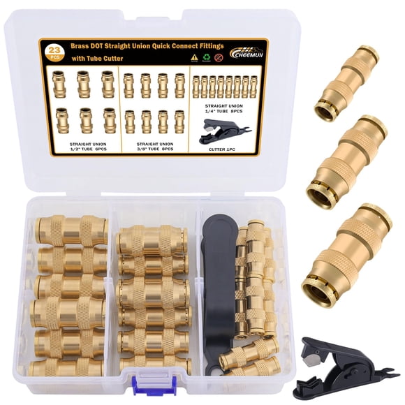 CheeMuii 23 PCS Brass DOT Air Line Fittings Kit 1/4 3/8 1/2 DOT Quick Connect Air Fittings Straight Union Push to Connect Air Hose Fittings