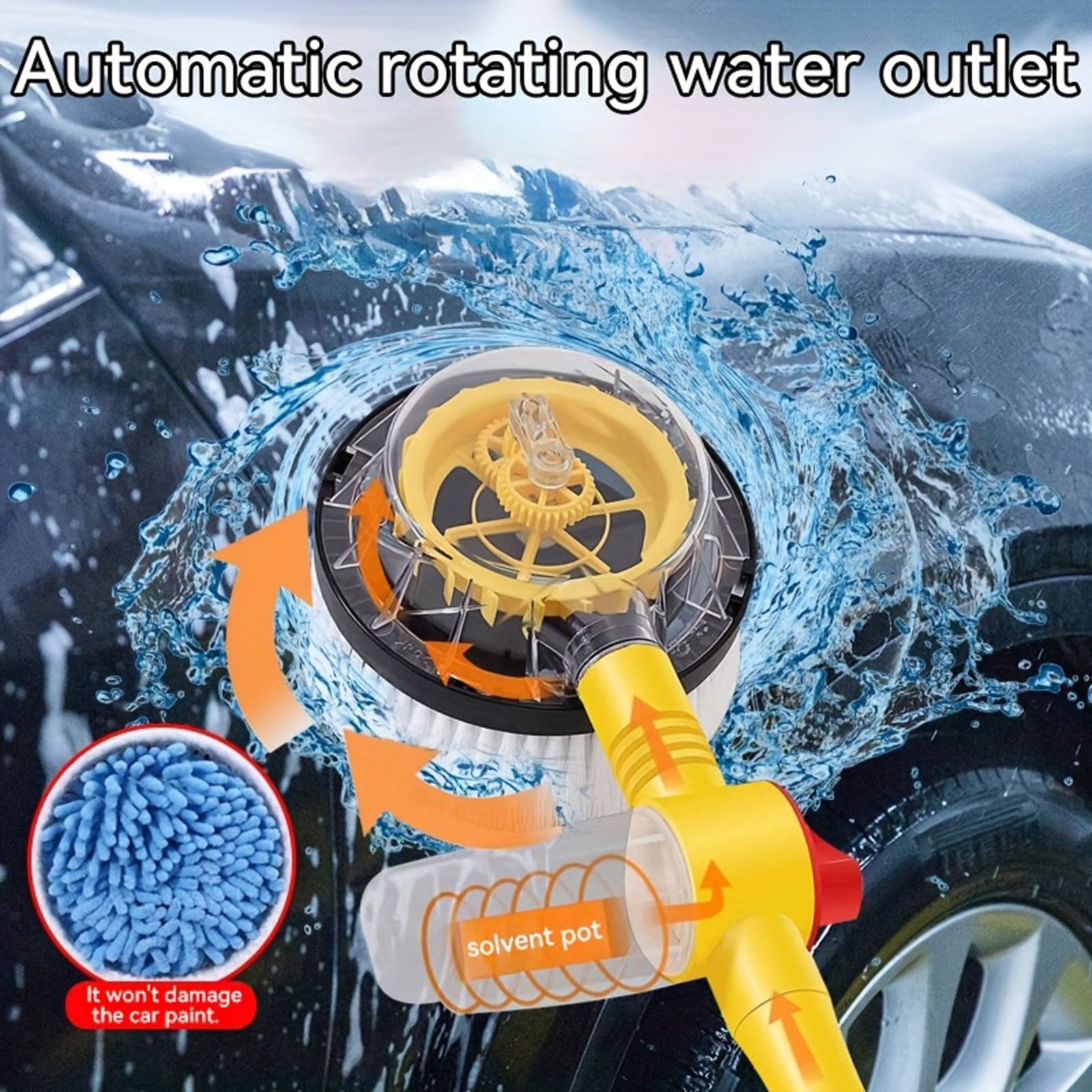 Auto Rotate Car Wash Brush with Soap Dispenser, Soft Microfiber Spinning Brush for Exterior Car Cleaning, Water Powered No-Scratch Bristles, Hose Attachment and Long Handle (47 inches)