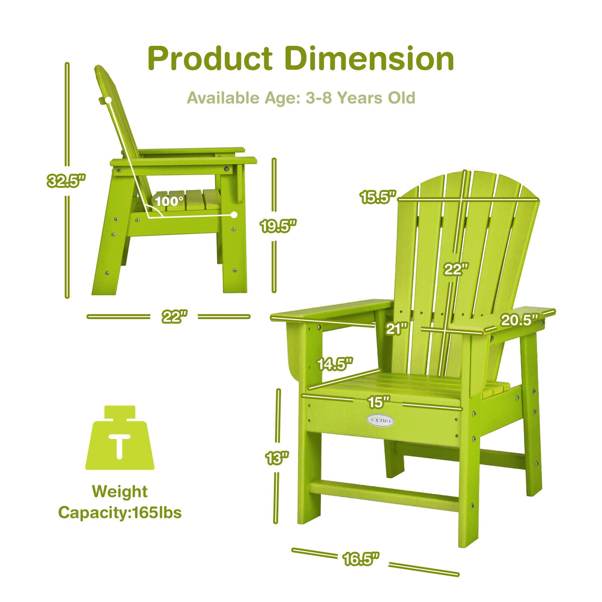 Gymax Set of 2 Kids Patio Adirondack Chair Armchair Weather Resistance Outdoor Chair Green