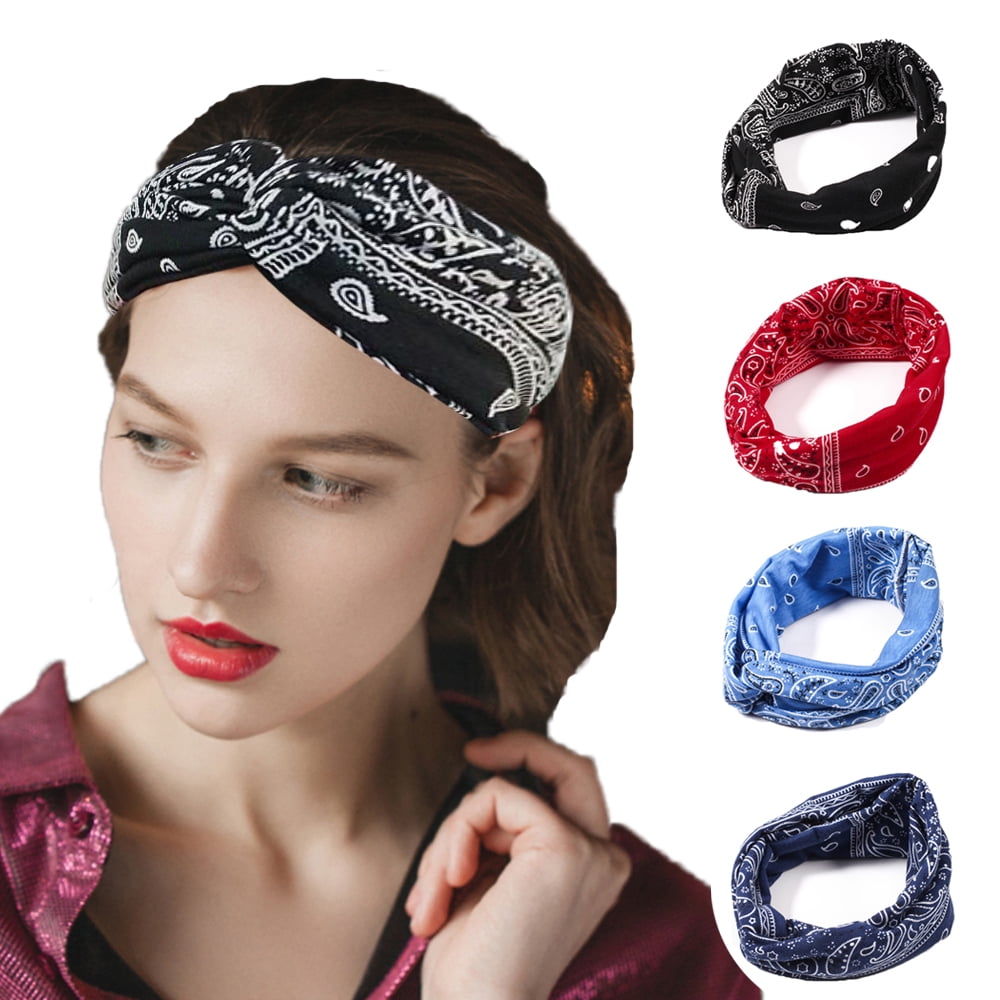 Womens Yoga Elastic Cute Hairband Boho Headbands for Women Vintage Flower Printed Knotted Hair Band Bandanas