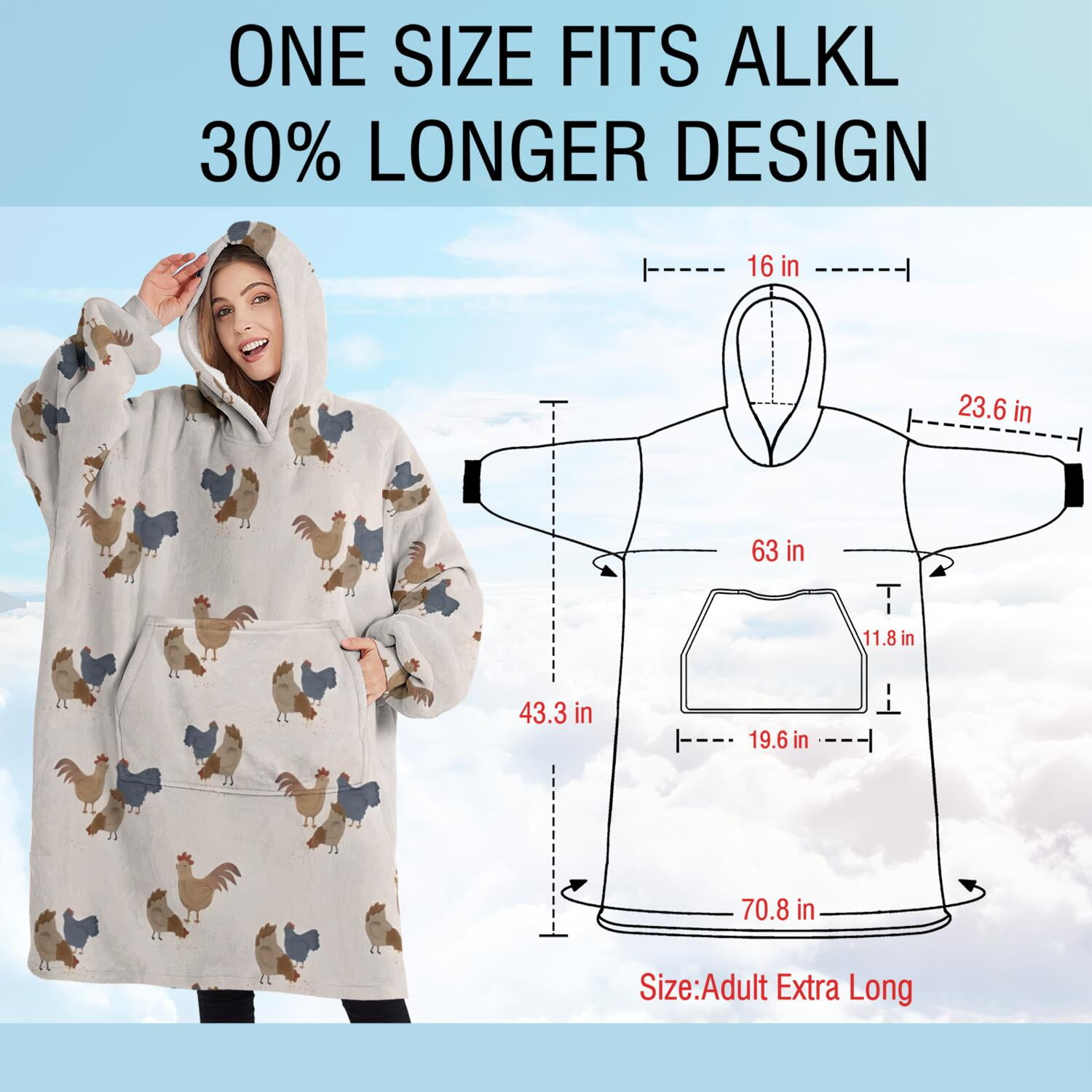 Oversized Wearable Blanket Hoodie,Beige Chicken Group Pattern Sherpa Blanket Hoodie with Super Pockets,Super Warm Fuzzy Pullover for Women & Men