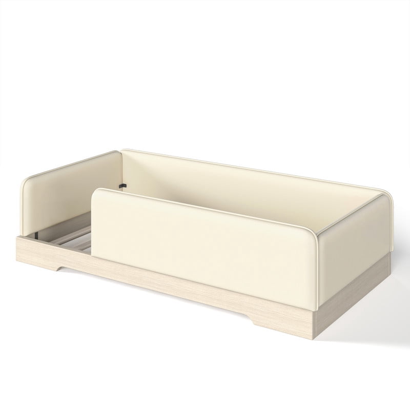 Twin Size Faux Leather Upholstered Floor Bed, Kids Montessori Bed Frame with Removable Guardrail, Low Profile Platform Bed