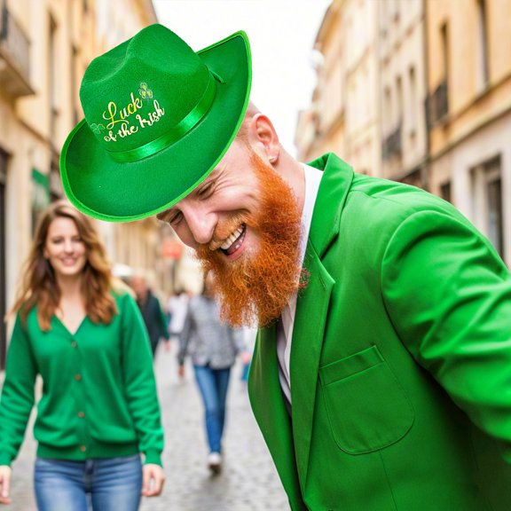 Uutvery St. Patrick's Day Green Clover Cowboy Hat, Light-Up Design, Festive Headwear, Polyester Material, One Size Fits Most, for Holiday Party Wear Costume Accessory Outdoor Event
