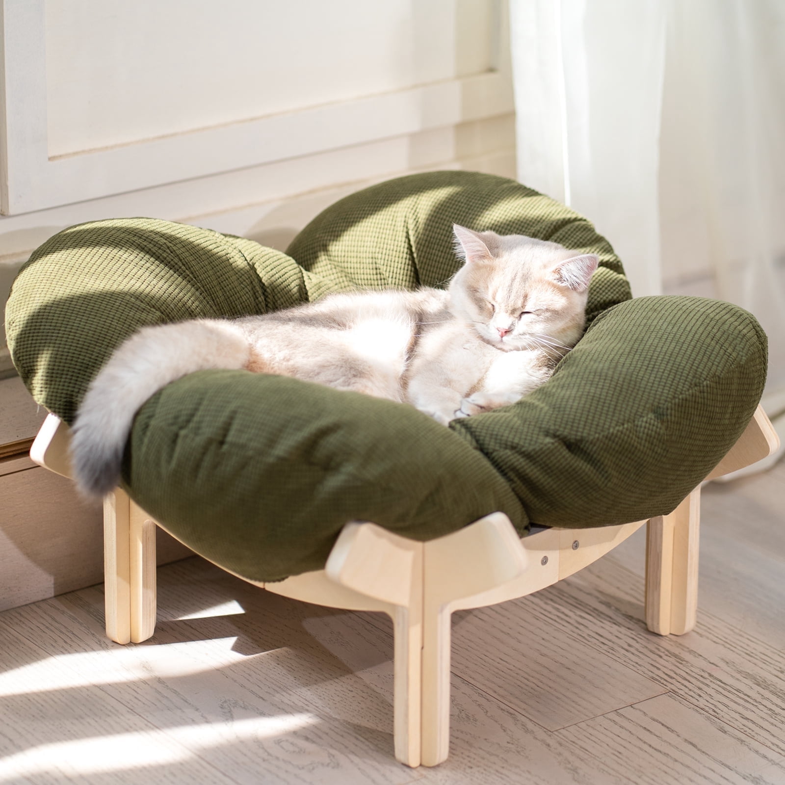 CheerPals Elevated Cat Bed, Washable Flower Pet Cushion with Sturdy Wooden Frame, Heavy-Duty Lounge Chair for Indoor Cats & Small Dogs, Green