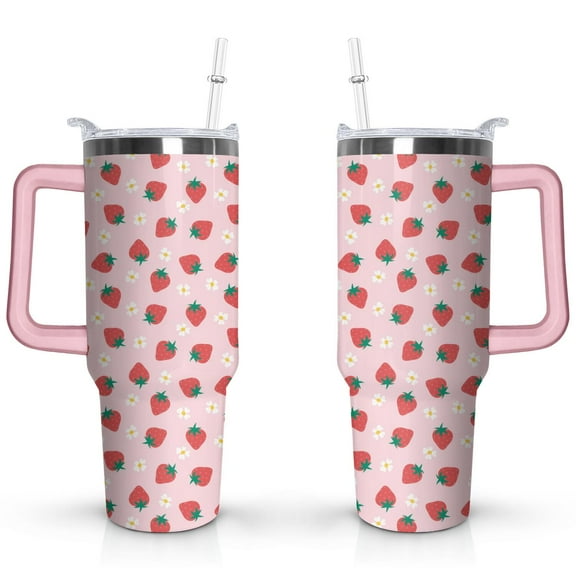 40oz Cute Red Strawberry Stainless Steel Flip Straw Tumbler Spill Proof Travel Cup Double Wall Vacuum Insulated Coffee Mug with Top Handle