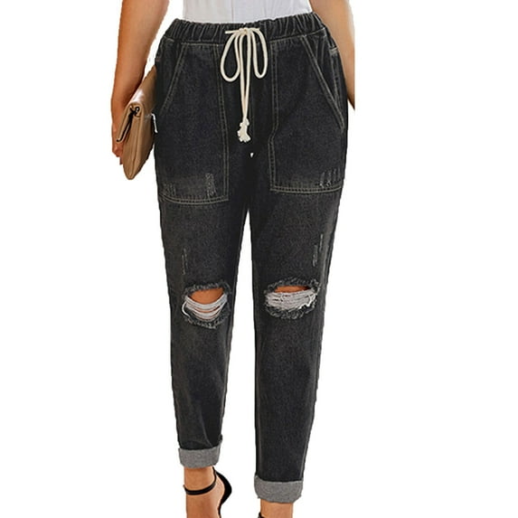 asdoklhq Women's Plus Size Pants,Women Solid Color Hole Low Waist Jeans Flares Ankle Pants Trouser