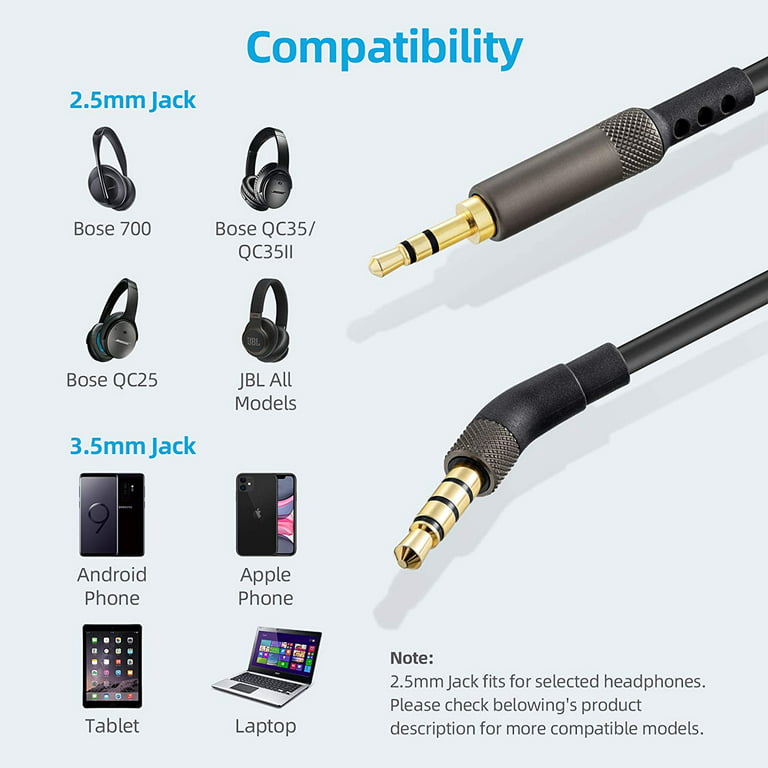 På jorden Fancy kølig 2.5mm to 3.5mm Audio Cable Cord for Bose QC25 QC35II QC35 QC45 700  Soundlink Headphone, JBL E45BT E65BTNC Live - Walmart.com