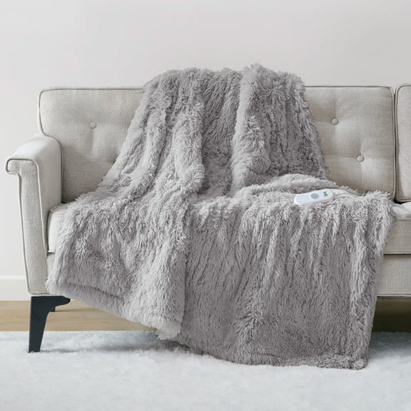 Serta Leena Shaggy Faux Fur Heated Throw Blanket, Electric Throw Blanket 50x60 inch, Grey