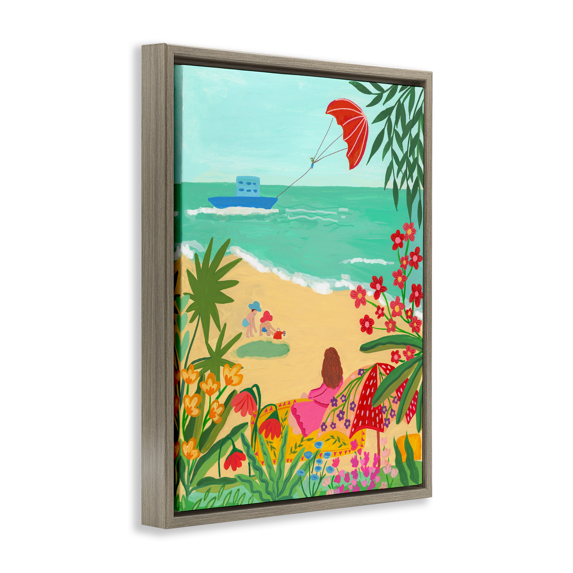 Beach And Flowers View Brown Framed Floater Canvas Wall Art, design by Nabeela Rumi