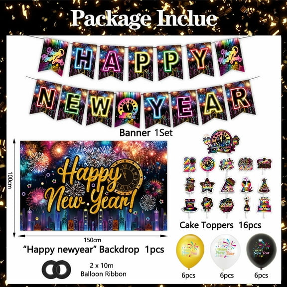 New Years Eve Party Supplies 2026 Happy New Year Decorations 2026 with Firework Plates Napkins Cups Tablecloth and Banner New Years Decorations 2026