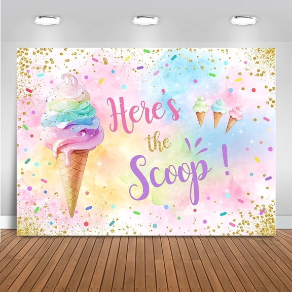 Here's The Scoop Backdrop Summer Sweet Ice Cream Theme Birthday Photography Background for Grils Pastel Ice Cream Birthday Party Decorations Cake Table Banner Photo Booth Props