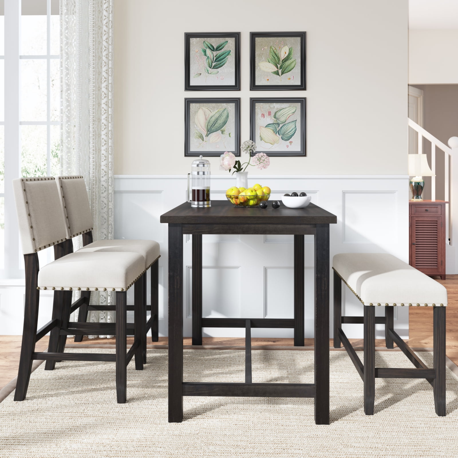 4 Piece Rustic Wooden Counter Height Dining Table Set With Upholstered Bench For Small Places Color Espresso Beige Walmartcom Walmartcom