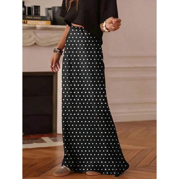 Women's Casual Polka Dot A-Line Maxi Skirt, Made Of Non-Stretch Woven Fabric, Suitable For Everyday Wear Black Spring