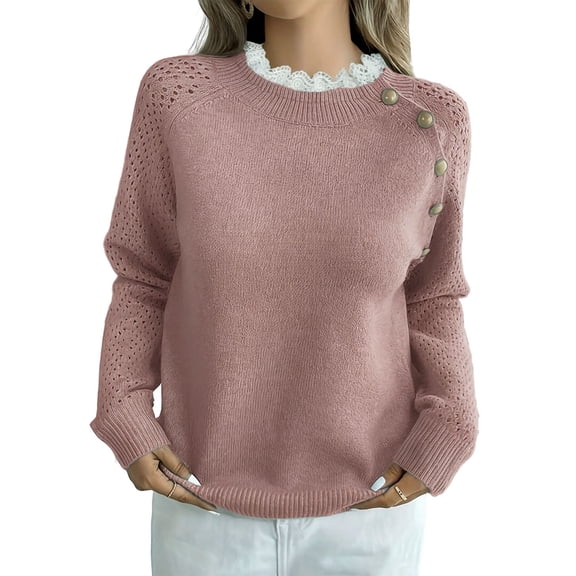 Women Sweaters Casual Long Sleeve Crewneck Cable Knit Oversized Crochet Sweater Pullover Tops Dark Pink S