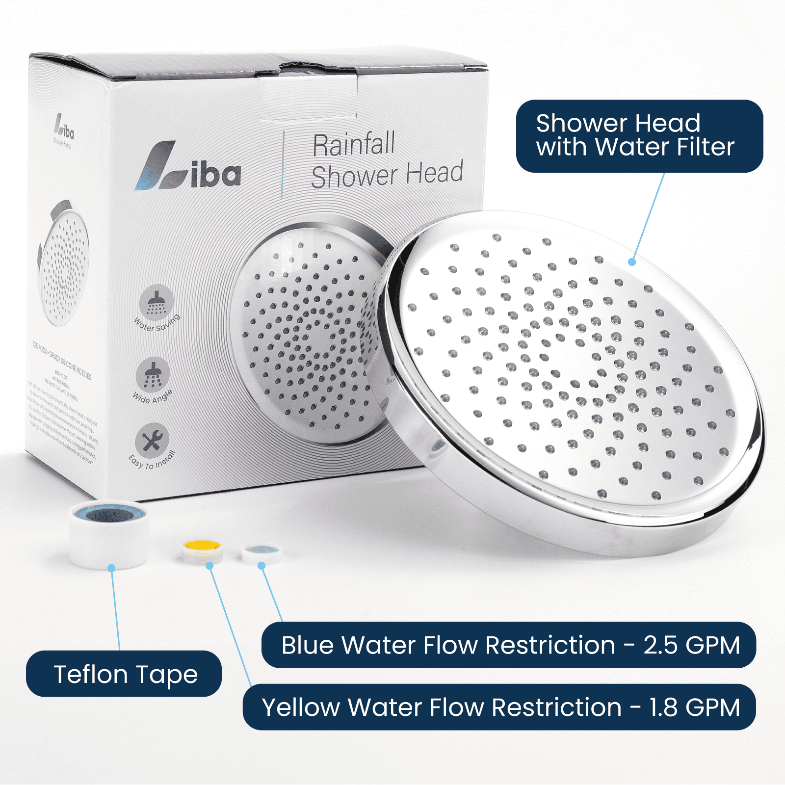 (2 pack) Liba 6-inch High Pressure Shower Head, Chrome Plated Brass, Silicone Nozzles Spray