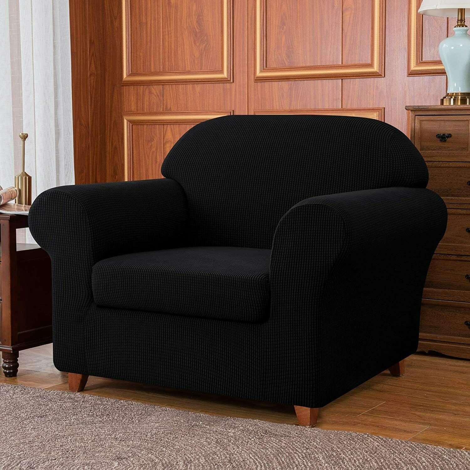 Subrtex Stretch 2-Piece Textured Grid Sofa Slipcover Jacquard Non Slip Couch Cover (Black, Armchair)