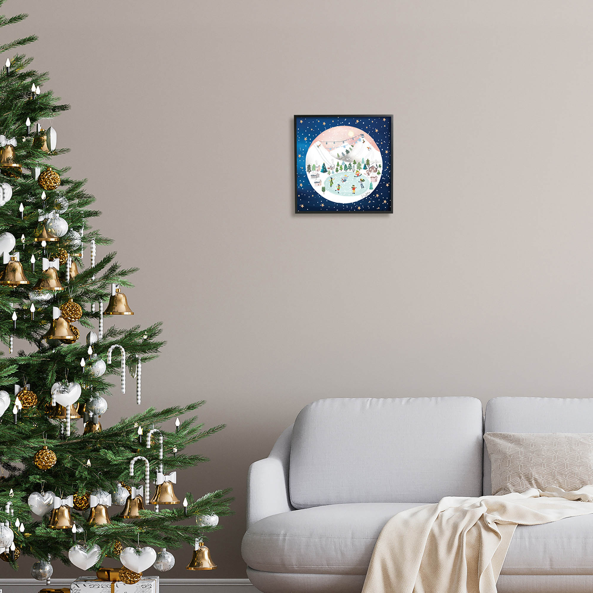Stupell Industries Ice Skating Christmas Snow Scene Holiday Painting Black Framed Art Print Wall Art