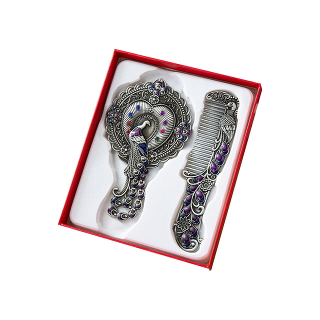 Hand Mirror Retro Hand Mirror Peacock Flower Pattern Decorative Hand Mirror Metal Vanity Mirror Comb Set