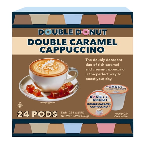 Double Donut Coffee Cappuccino Pods, Caramel Cappuccino, Single Serve for Keurig K Cups Brewers, 24 Count