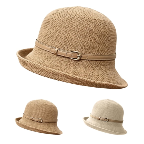 Helii Women's Short Brim Sun Hat – Vintage Cloche Style Straw Hat with Faux Leather Belt, Breathable Packable Bell Shape Bucket Hat for Women, Foldable Summer Travel Hat Khaki,One Size