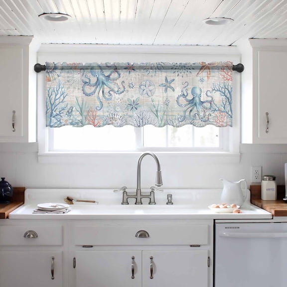 Coastal Octopus Valance Curtains for Kitchen/Living Room/Bathroom/Bedroom Window, Farmhouse Nautical Ocean Conch Coral Rod Pocket Small Topper Half Short Window Curtains Voile Sheer Scarf 42"x12"