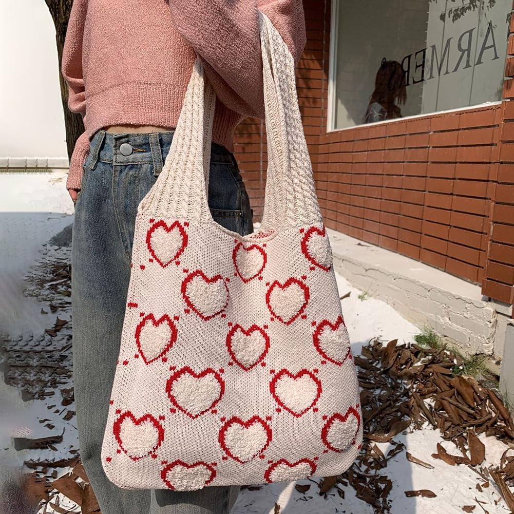 CAILDANL Crochet Tote Bag Cute Aesthetic Hobo Bag Hearts Pattern Knitted Shoulder Bag Hollow Beach Bag for Women