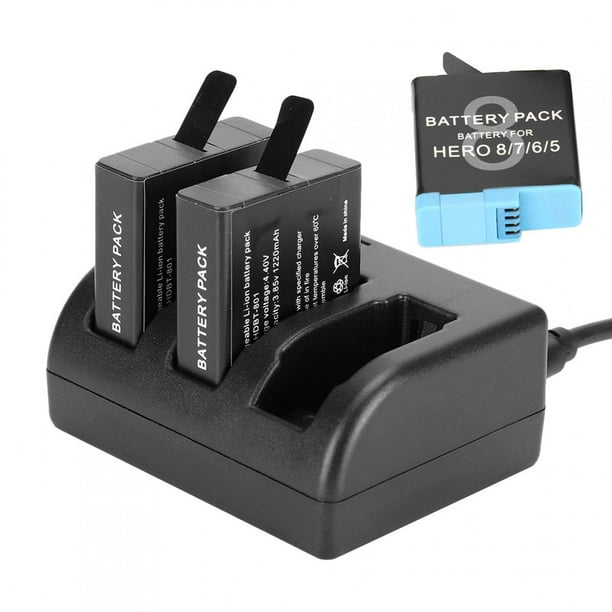 Batería recargable negra AHDBT‑801 con cargador de 3 canales para GoPro Hero 8/7/6/5