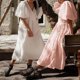 thumbnail image 1 of Vintage 100% Cotton Women'S Dress Retro Crepe Gauze V-Neck Puff Sleeve Bandage Lace Up Elegant Dresses For Women Long Maxi Robe zhangmengya LED, 1 of 2