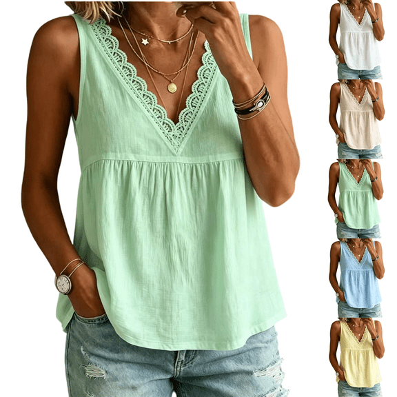 Linen Tank Tops for Women Sleeveless Spaghetti Strap Tank Top Empire Waist Babydoll Tops Lightweight Linen Shirt Light Green 2XL