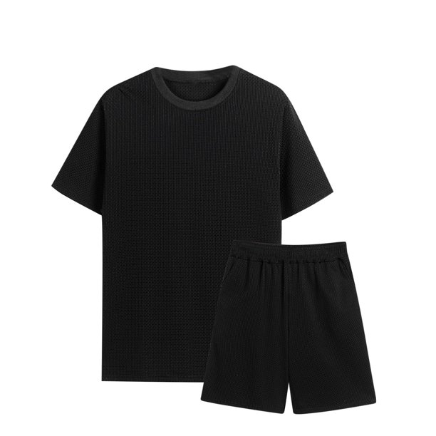 Camisas Casuales de Manga Corta de los Hombres Cuello Redondo Y Pantalones Cortos, Color Sólido de la Playa de Dos Piezas para las Vacaciones Y Diario