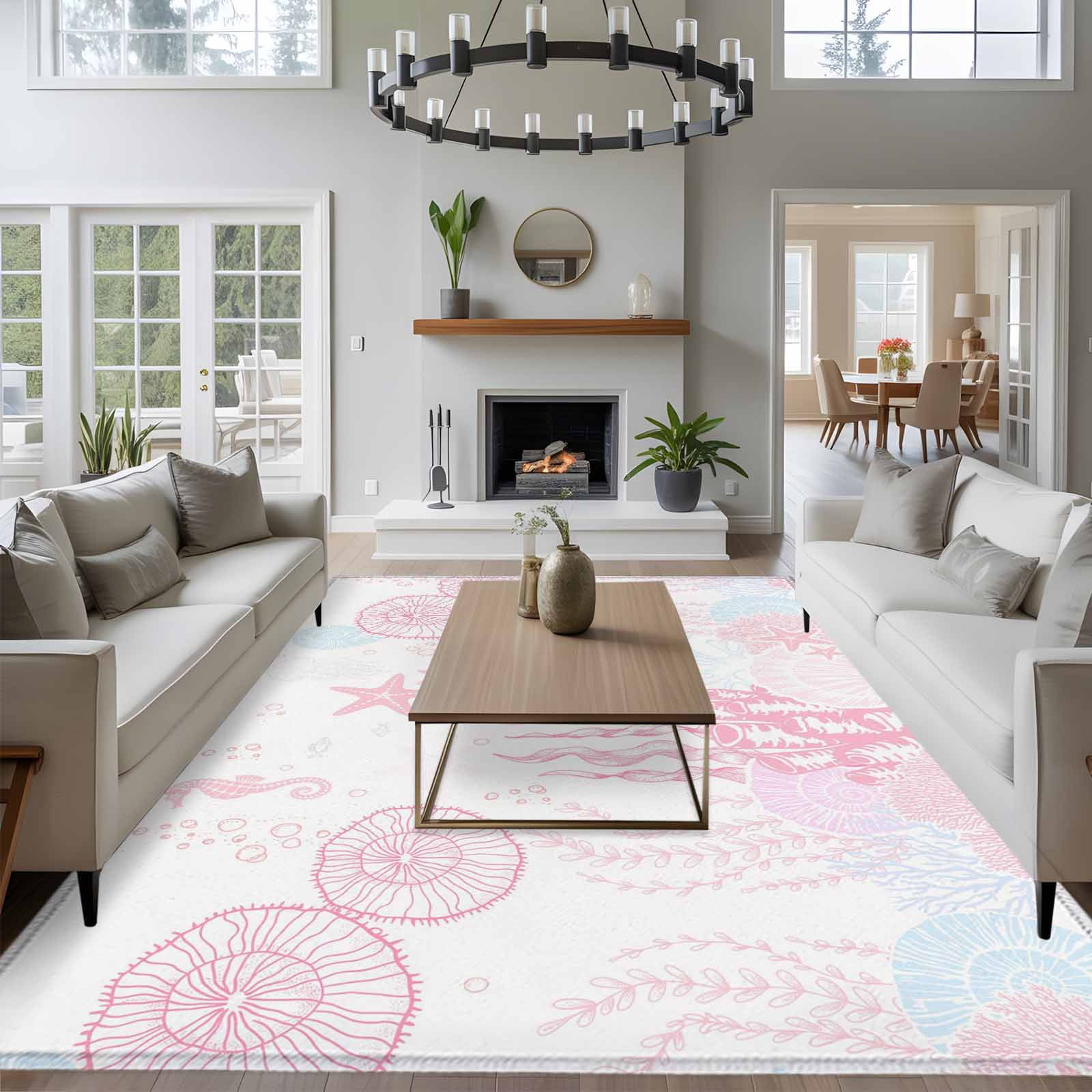 Rectangle Area Rugs 8 x 10 Ft, Coastal Pink Non-Slip Residential Carpet, Ocean Coral Starfish Jellyfish Seahorse Indoor Crawling Mats Runner Rugs for Living Room/Dining Room/Bedroom