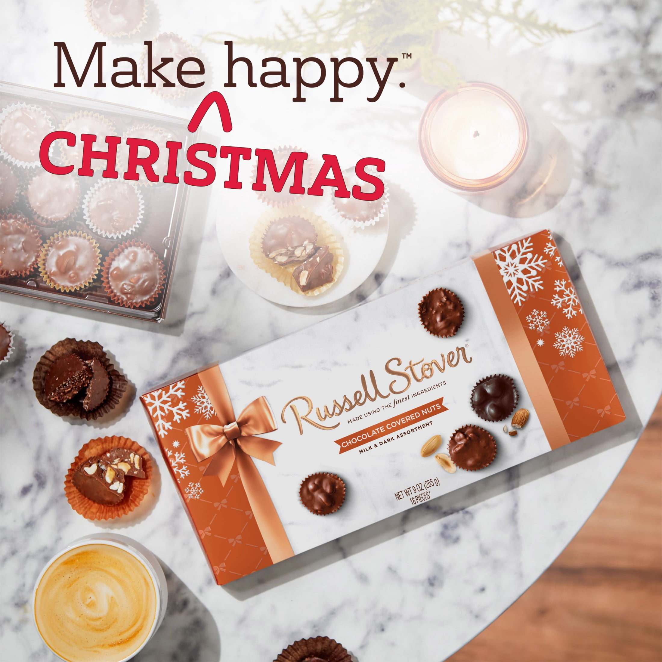 (3 pack) RUSSELL STOVER Christmas Chocolate Covered Nuts Assortment in Milk & Dark Chocolate Gift Box, 9 oz. (18 Pieces)