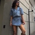 thumbnail image 2 of Women Utility Denim Skirt Set V Neck Short Sleeve Top Outfit, 2 of 6