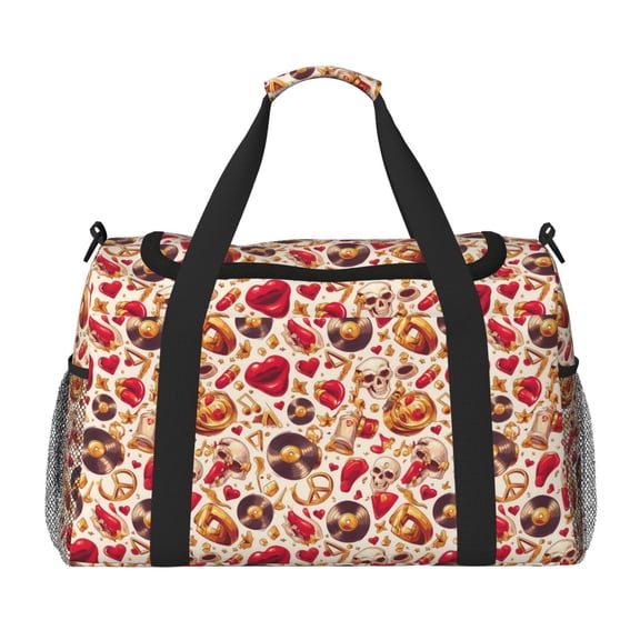 Rocae Skull Retro record lips Print Hand Travel Bag Travel Duffel Bag and Fitness Bag, Women's Waterproof Weekend Tote, Men's Travel and Fitness Essentials