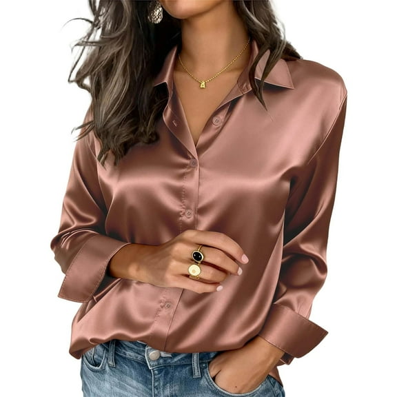 Olyvenn Women's Dressy Business Casual Silk Blouses Long Sleeve Button Down Satin Work Office Shirts Tops 2026 Rose Gold XL