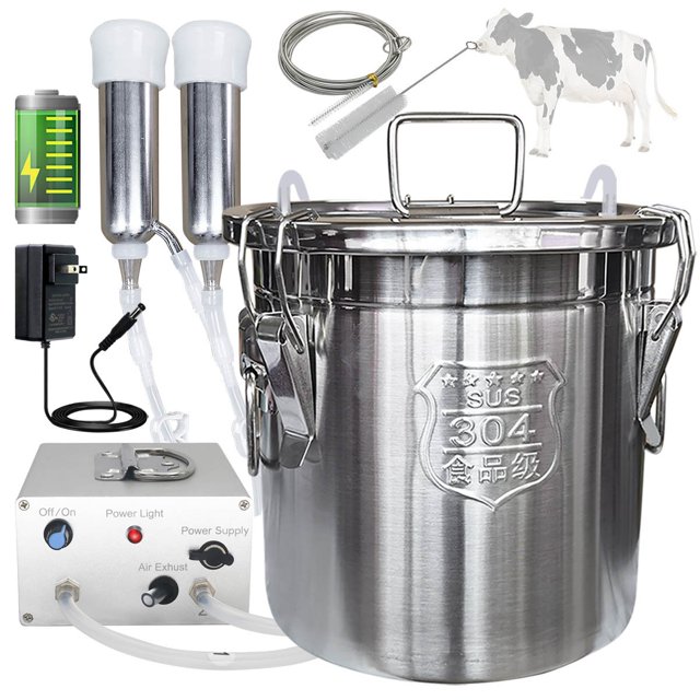 Hantop 12L Cow Milking Machine, Rechargeable Battery Powered Speed Adjustable Pulsating Vacuum Pump, 304 Stainless Steel Milk Bucket with Auto Stop Check Valve Cow Milker Machine (Pro Model)