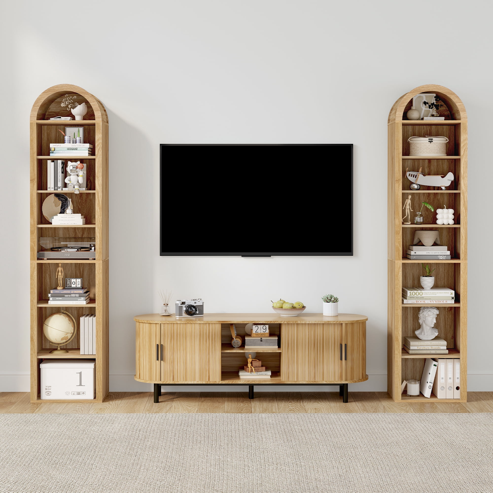 LEFHDA Narrow 8-Tier Arched Bookcase – Oak, 15.7-Inch Wide Open Shelf for Books, Media Storage (CD/DVD), Bathroom, or Entryway
