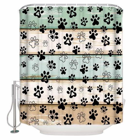 Extra Long Shower Curtain 72x84 Inch, Teal Brown Paw Print Shower Curtain Waterproof Bathroom Decor Vintage Farmhouse Wooden Grain Fabric Bath Curtain Set Accessories with Hooks