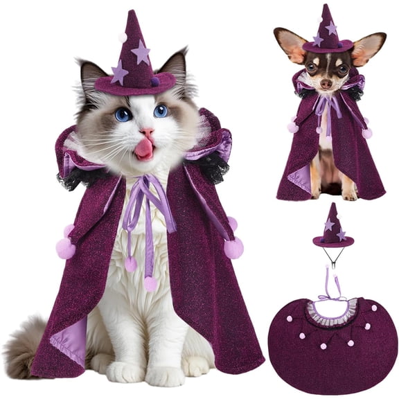 Halloween Cat Costume, Small Purple Wizard Cape Adjustable Pet Outfit