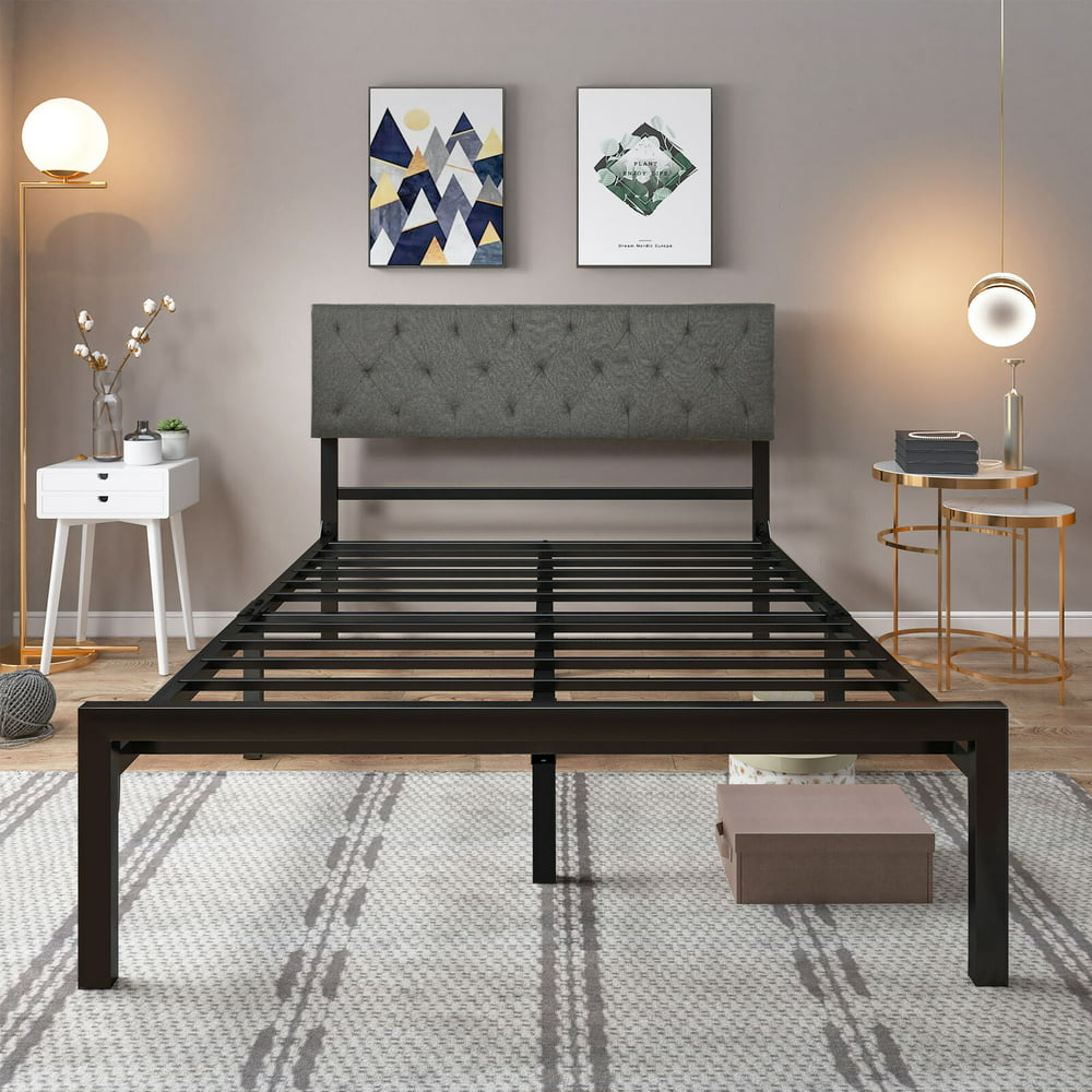 YITAHOME Metal Bed Frame with Upholstered Headboard Heavy Duty Platform