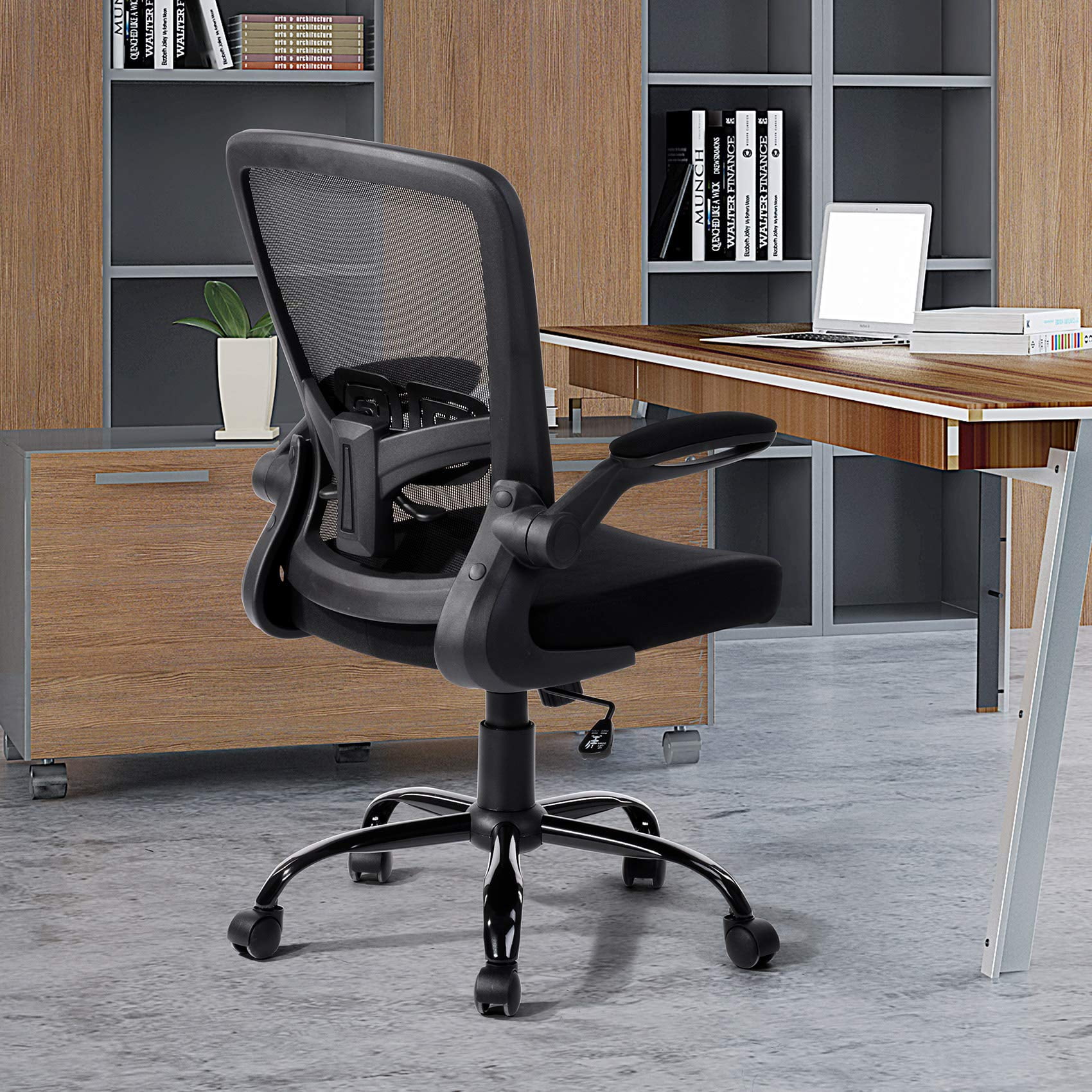 UNICOO® Mid Back Mesh Computer Chair, Office Task Desk Chair, Swivel Home Comfort Chairs with Padded Flip-up Armrests and Adjustable Lumbar Support (RY-N-01-Black)