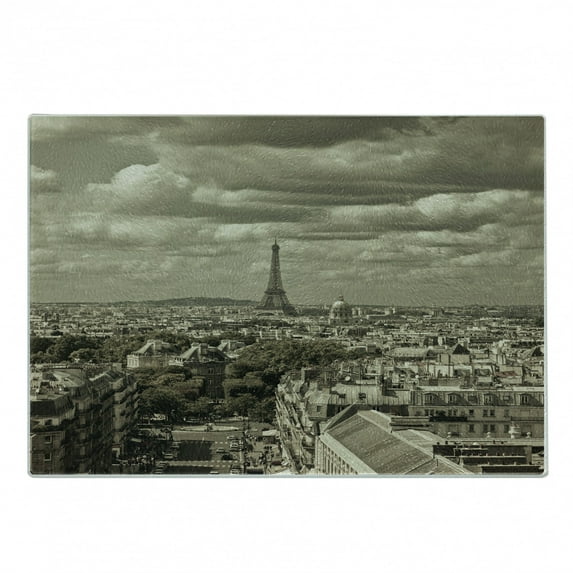Paris Cutting Board, City Skyline of Eiffel and Dark Cloudy Weather Capital France Region Historical Retro, Decorative Tempered Glass Cutting and Serving Board, Small Size, Beige, by Ambesonne