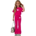 thumbnail image 2 of Zpanxa Girl Outfits Sets Girls Bow Graphic Tee and Flare Pants Set 2 Piece Casual Summer Outfit, 2 of 7