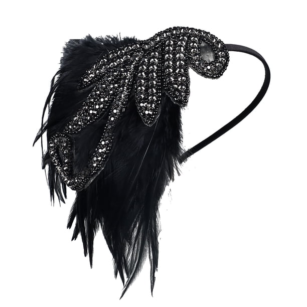 Diadema de plumas vintage, tocado estilo charlestón, banda para el pelo con forma de bola