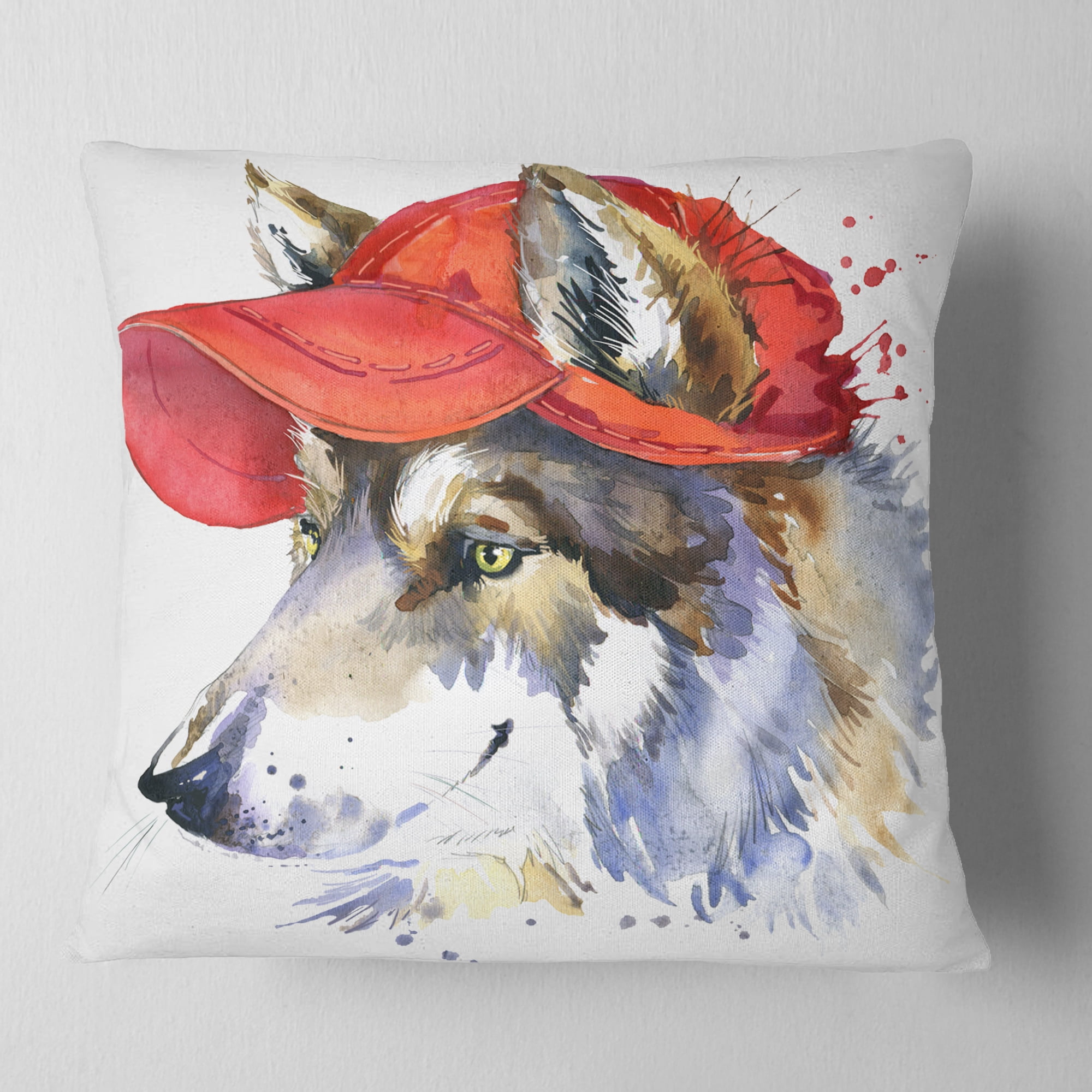 Designart Wolf with Red Cap Illustration - Animal Throw Pillow - 18x18