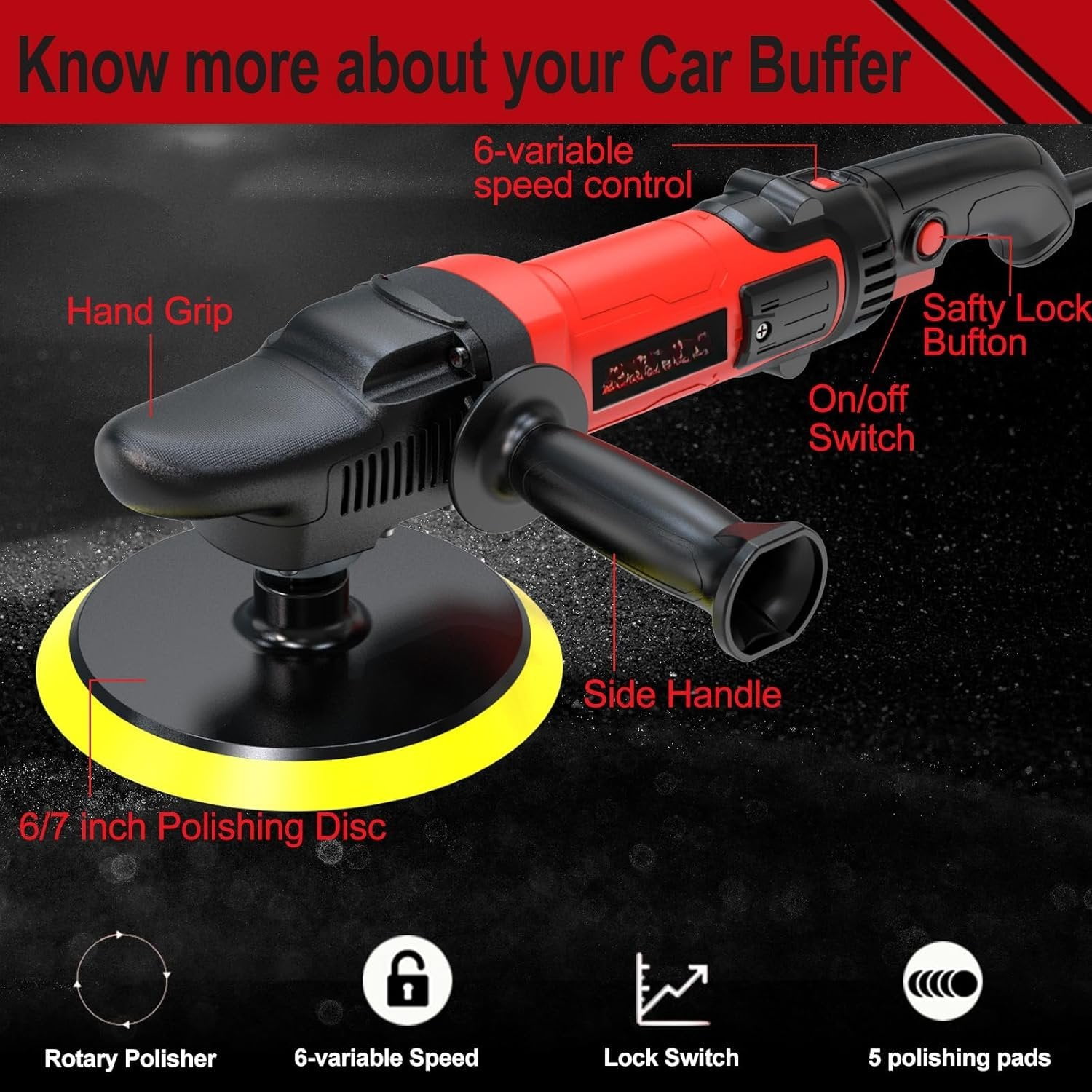 6/7 inch Buffer Polisher,Rotary  Buffer,1600W  Polisher Waxer Kit with 6 Variable Speed 1000-3500RPM & 4 Polishing Pads,Detachable Handle for  Polishing and Waxing