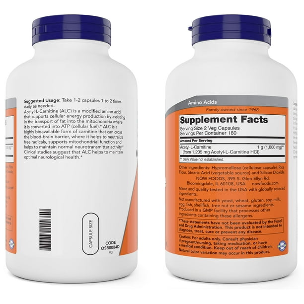 acetil l carnitina now NOW Foods Now Acetyl L Carnitine 500mg, 360 Veg Capsules - Non-GMO ACL 500  mg Caps